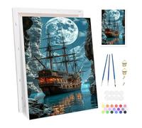 Bowetile Ship Framed Paint by Numbers for Adults, Landscapes Painting by Numbers Kit for Adults Beginners Canvas Kit, DIY Color Oil Painting Acrylic Paints Home Wall Decor 20x30cm