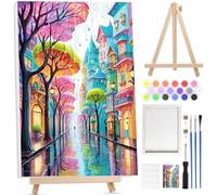 Bowetile Small Town Paint by Numbers for Adults with Framed Canvas&Wooden Easel, Painting by Numbers Kit for Adults Beginners Canvas Kit, DIY Acrylic Pigment Drawing Paintwork, 20x30cm