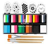 Bowitzki 12x10 gm Face Paint Professional Face Painting Kit Adults with Stencil One Stroke Split Cake Non Toxic Rainbow Flora Dolphin Unicorn Flame Body Paint Makeup - Carnival Set