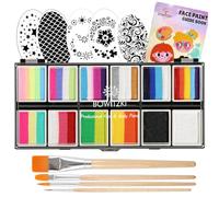 Bowitzki 12x10 gm Face Paint Professional Face Painting Kit For Adults with Stencil One Stroke Split Cake Non Toxic Rainbow Flora Dolphin Unicorn Flame Body Paint Makeup - Bright Set