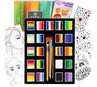 Bowitzki 21 Color Split Cake Face Paint Set Professional Face Painting Kit Adults 10g One Stroke Stencil Brush Practice Board Guide Book Non Toxic Rainbow Body Makeup Halloween Christmas Easter