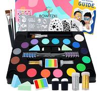 Bowitzki Face & Body Paint Kit - 18 Colors, Split Cake, Hair Chalks, Brushes, Sponges, Glitters, Gems, Reusable Stencils, Professional Non-Toxic Halloween Party Makeup