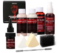 Bowitzki Fake Blood & Liquid Latex Kit,Pro SFX Makeup Set with 50ml Dark Fake Blood, 50ml Fresh Spray Blood, 2pcs Liquid Latex,Coagulated Blood, Sponge & Spatula for Halloween, Cosplay