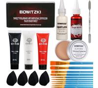 Bowitzki Halloween Makeup Set Special Effects Kit Cream Face Paint Water Based Liquid Latex Fake Blood Brush Sponges Body Painting SFX Zombie Vampire Monster Christmas Party