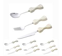Bowknot Ceramics Handle Kitchen Stainless Steel Silverware Tableware Flatware Cutlery Set Steak Knife Fork Spoon Teaspoon (White,12 pieces)