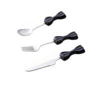 Bowknot Ceramics Handle Kitchen Stainless Steel Silverware Tableware Flatware Cutlery Set Steak Knife Fork Spoon Teaspoon (Black,3 Pieces)
