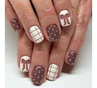 Bowknot Checkered False Nails 24Pcs Glossy Short Square Design White Polkas Dots ABS Materials for Fall Winter Nails Art Autumn Winter Coffee Brown Bows Knots False