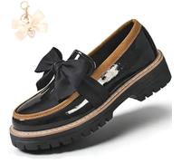 Bowknot Retro Thick-Soled Shoes, 2026 Patent Leather Slip-On Flats Chunky Platform for Office Business Daily Wear (Black-a, Adult, Women, 4.5, Numeric, UK Footwear Size System, Medium)