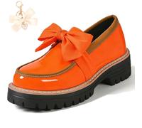 Bowknot Retro Thick-Soled Shoes, 2026 Patent Leather Slip-On Flats Chunky Platform for Office Business Daily Wear (Orange, Adult, Women, 6.5, Numeric, UK Footwear Size System, Medium)