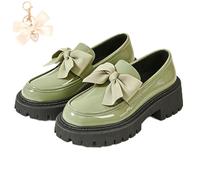 Bowknot Retro Thick-Soled Shoes, 2026 Patent Leather Slip-On Flats Chunky Platform for Office Business Daily Wear (Green, Adult, Women, 5.5, Numeric, UK Footwear Size System, Medium)