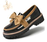 Bowknot Retro Thick-Soled Shoes, 2026 Patent Leather Slip-On Flats Chunky Platform for Office Business Daily Wear (Khaki-a, Adult, Women, 5, Numeric, UK Footwear Size System, Medium)