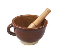 Bowl Pottery Mortar and Pestle Set with Pouring Brown Ceramic Grinder Guacamole Bowl Traditional Garlic Peeler Mortar and Pestle Spice Grinder for Spices(Large)