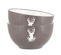 Bowl Set of 2 Breakfast Cereal Dessert Soup Pasta Bowls - Hand Painted Grey & White Country Stag Stoneware Crockery Dishwasher & Microwave Safe Dinnerware Set