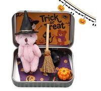 Bowlegout Cute Halloween Teddy Bear in a Box with Wizard Hat, Blanket, Broom, Pumpkin & Cat, Mini Witcher Teddy-spooky Halloween Magic, Halloween's Teddy Bear in a Box for Trick or Treat (Pink)
