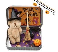 Bowlegout Cute Halloween Teddy Bear in a Box with Wizard Hat, Blanket, Broom, Pumpkin & Cat, Mini Witcher Teddy-spooky Halloween Magic, Halloween's Teddy Bear in a Box for Trick or Treat (Khaki)