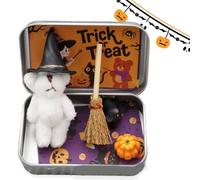 Bowlegout Cute Halloween Teddy Bear in a Box with Wizard Hat, Blanket, Broom, Pumpkin & Cat, Mini Witcher Teddy-spooky Halloween Magic, Halloween's Teddy Bear in a Box for Trick or Treat (White)