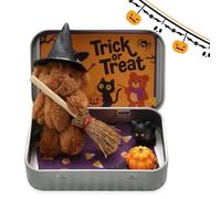 Bowlegout Cute Halloween Teddy Bear in a Box with Wizard Hat, Blanket, Broom, Pumpkin & Cat, Mini Witcher Teddy-spooky Halloween Magic, Halloween's Teddy Bear in a Box for Trick or Treat (Brown)