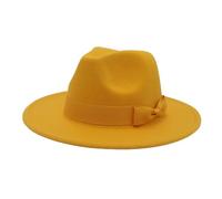 Bowler Hat Women Wide Brim Cream Bow Fedora Hats For Women Autumn Winter Solid Color Jazz Top Hat For Wedding Party Church Felt Cap(Yellow,59-61cm)