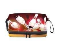 Bowling Ball Crashing Into The Pins Double Layer Cosmetic Bag for Women and Girls, Travel Toiletry Bag Makeup Handy Pouch Organiser Bag with Brush Compartment