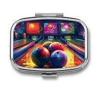 Bowling Balls Pill Organizer Container for Travel, Metal 2 Compartment Square Pill Case, Portable Mini Medicine Box Pill Storage Case for Purse Pocket, Supplement Storage