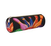 Bowling Balls Printed Leather Pencil Case Cute Stationery Organizer Round Makeup Bag Pen Pouch, Gold Zipper