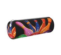 Bowling Balls Printed Leather Pencil Case Cute Stationery Organizer Round Makeup Bag Pen Pouch, Silver Zipper