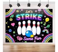 Bowling Birthday Backdrop, 7x5ft Large Let's Strike up Some Fun Bowling Party Decorations, No-Fade Vibrant Polyester Photography Background for Bowling Club Decor, Neon Glow Themed Party Supplies