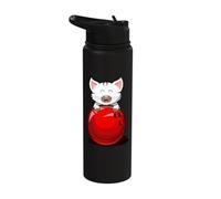 Bowling Cat Red Bowling Ball Cat Design White Kitten Stainless Steel Insulated Water Bottle