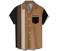 Bowling Shirts Men Vintage 1950s Casual Short Sleeve Button Down Contrast Shirt Summer Color Block Cuban Shirts, Brown Black Stripes, S