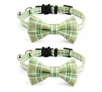 Bowtie Cat Collars with Bell | Safe Quick Release Breakaway Buckle | ZACAL Cat Collars. (Green & White Chequered) - Pack of 2