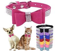 Bowtie Diamante Dog Collar, Pink Dog Collar Adjustable Girls Female Cute Sparkling Crystal Diamond Puppy Collars for Small Medium Large Dogs Rose XXS