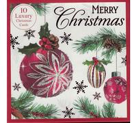 Box of 10 Luxury Christmas Cards with Envelopes - Assorted Traditional Designs - Red Baubles, Holly & Snowflakes - “Merry Christmas” Front - Blank Inside - Premium Festive Greeting Card Multipack