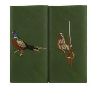 Box of 2 Green Cotton Handkerchiefs Embroidered with Country Pheasant and Gun