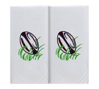 Box of 2 White Cotton Handkerchiefs Each Embroidered with a Rugby Ball
