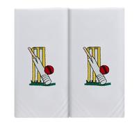 Box of 2 White Cotton Handkerchiefs Each Embroidered with Cricket Stumps a Cricket Bat and Red Ball