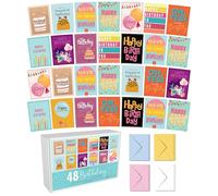 Box of 48 Birthday Cards Multipack With Multi Coloured Envelopes, Pack of Assorted Cards - Birthday cards for Women, Men & kids -Bulk Happy Birthday Notes - Made in UK. (48 PACK)