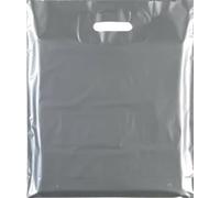 Box Of 500 Silver Heavy Duty Plastic Carrier Bags - 38cm x 46cm + 7cm, Patch Handle Reusable bag, Ideal for Boutiques Clothes, Jewellery, Gifts, Retail and Shopping.