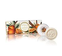 Box of Italian soap, Orange and Cinnamon, round soaps sculpted with lily, pleated wrapping and label, 3 x 3.52 oz by Saponificio Artigianale Fiorentino