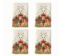 Box Seasonal Theme Boxes 4 Pcs Kitchen Towels 16x24Inch | Red Bows, Hand Towels, Pine Branches, Holly Berries, Pinecones, Seasonal Home Accents, Winter Holiday Decor