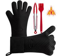 Boxalls Grilling Gloves Kit, Heat Resistant Silicone Oven Gloves with Grill Tong & Brush, BBQ Silicone Gloves Set for Grilling, Cooking, Baking and Kitchen (Black)