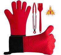 Boxalls Grilling Gloves Kit, Heat Resistant Silicone Oven Gloves with Grill Tong & Brush, BBQ Silicone Gloves Set for Grilling, Cooking, Baking and Kitchen (Red)