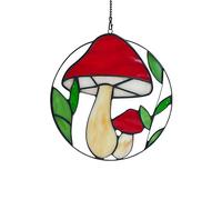 BOXCASA Mushroom Decorations Stained Glass Window Hanging,Red Mushroom Decor Stained Glass Suncatcher for Window Bedroom Livingroom,Mtshroom Party Decorations Nature Decor Potted Plant Decor