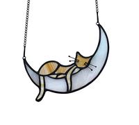 BOXCASA Orange Cat Decor,Tabby Cat Suncatchers Decor for Cat Lovers, Handcrafted Stained Glass Window Hangings for Sleeping Cat on Moon Decoration,Cat Ornament for Patio,Living Room,Office