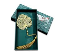 Boxed Gold Hollow Trim Fun Bookmarks Featuring Monstera Leaf Design, Elegant Metal Bookmark with Tassel, Beautiful Botanical Vein Metal Bookmark for Book Lovers, Funny Book Club Reading Accessories