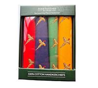 Boxed set of four pheasant handkerchiefs, 100% cotton for a game shooting day- 40cm x 40cm - with flying pheasants in 4 colours - red/green/blue/yellow