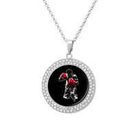 Boxer Boxing Gloves Round Pendant Necklace Diamond Edging Brilliant Personalized Jewelry Gifts for Women Silver-style