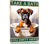Boxer Dog 8x12 Inch Aluminum Sign for Dog Lovers Take A Bath You Dirty Hippie-Vintage Retro Dog Metal Wall Art,Dog Hippie Metal Tin Sign for Home Toilet Bathroom