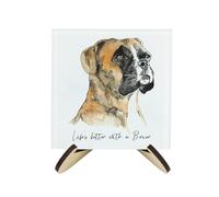 Boxer Dog Coaster Set - Life's Better With a Dog Gift - Square Glass Set of Four (4) Coasters & Wood-Effect Stand