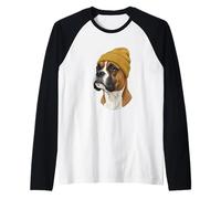 Boxer Dog in Yellow Beanie Hipster Art Raglan Baseball Tee