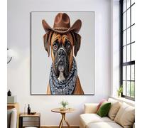 Boxer Dog Wearing Cowboy Hat Canvas Wall Art Animal Portrait on Canvas Print Posters Brown Prints Poster Pictures for Living Room Hallway Stairs Bedroom Bathroom Wall Decor 30×40 cm Frameless